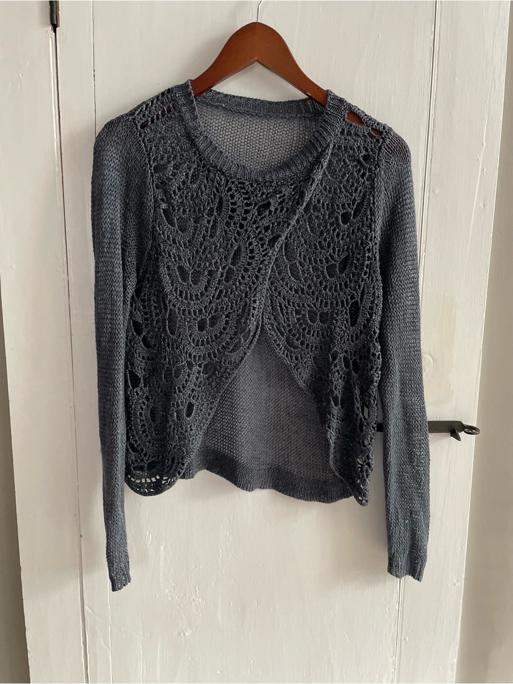 Margaret O'Leary Women's 100% Linen Gray Crochet Open Front Sweater Topper Sz S